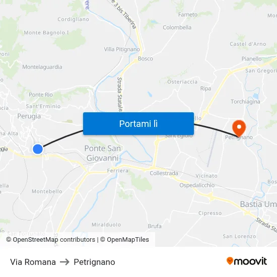 Via Romana to Petrignano map