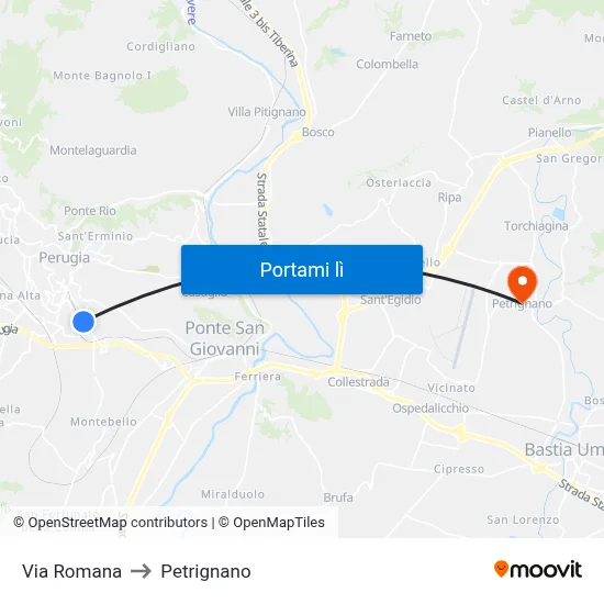 Via Romana to Petrignano map