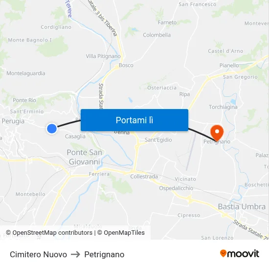 Cimitero Nuovo to Petrignano map
