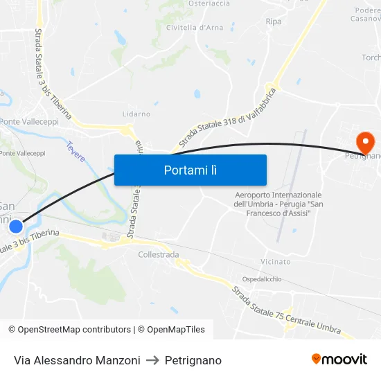 Via Alessandro Manzoni to Petrignano map