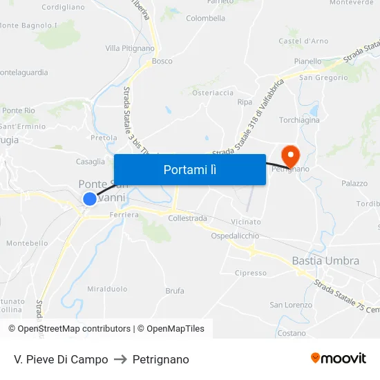 V. Pieve Di Campo to Petrignano map