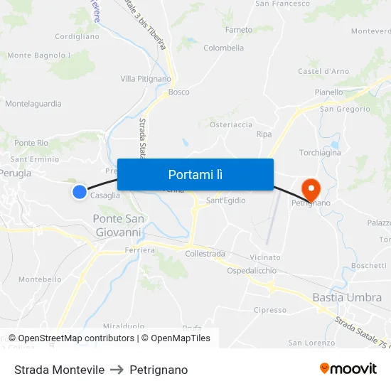 Strada Montevile to Petrignano map