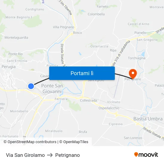 Via San Girolamo to Petrignano map