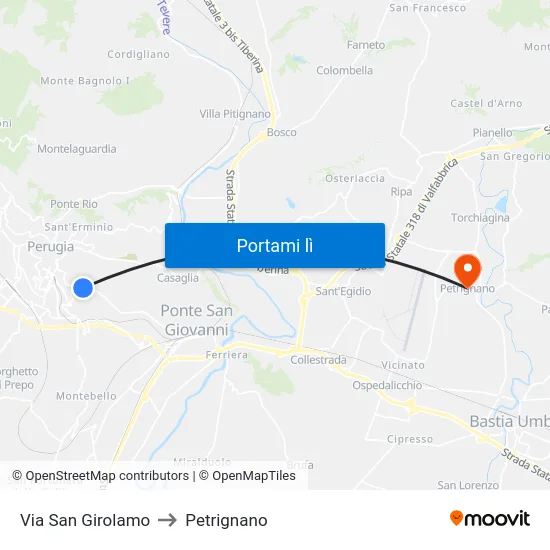 Via San Girolamo to Petrignano map