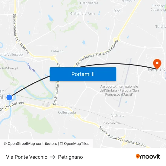 Via Ponte Vecchio to Petrignano map
