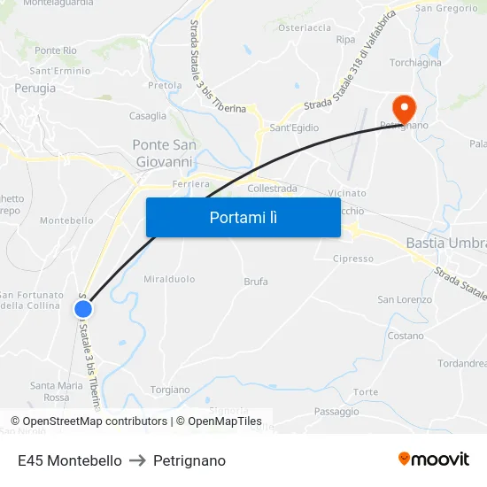 E45 Montebello to Petrignano map