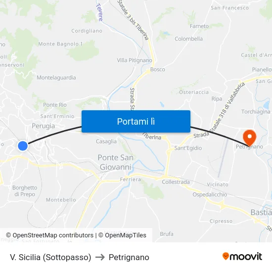 V. Sicilia (Sottopasso) to Petrignano map