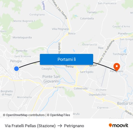 Via Fratelli Pellas (Stazione) to Petrignano map