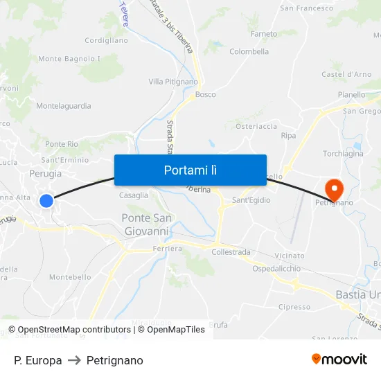 P. Europa to Petrignano map