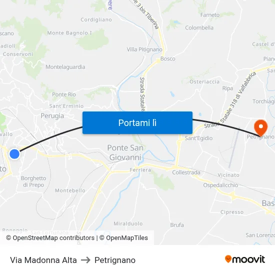 Via Madonna Alta to Petrignano map