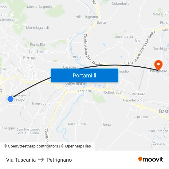 Via Tuscania to Petrignano map