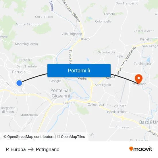 P. Europa to Petrignano map