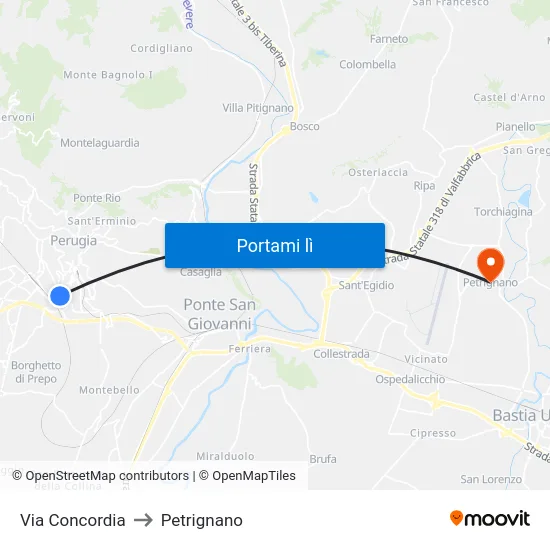 Via Concordia to Petrignano map