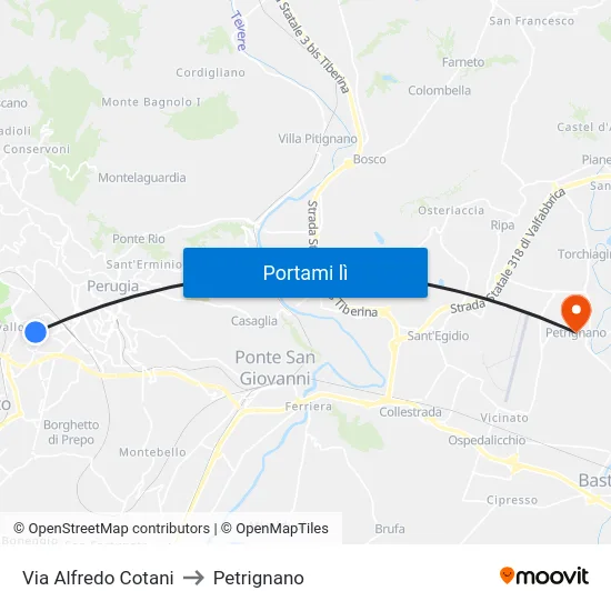 Via Alfredo Cotani to Petrignano map