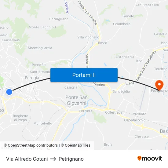 Via Alfredo Cotani to Petrignano map