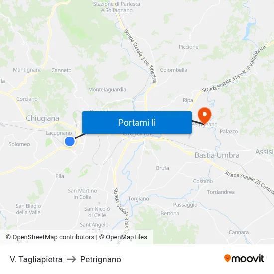 V. Tagliapietra to Petrignano map