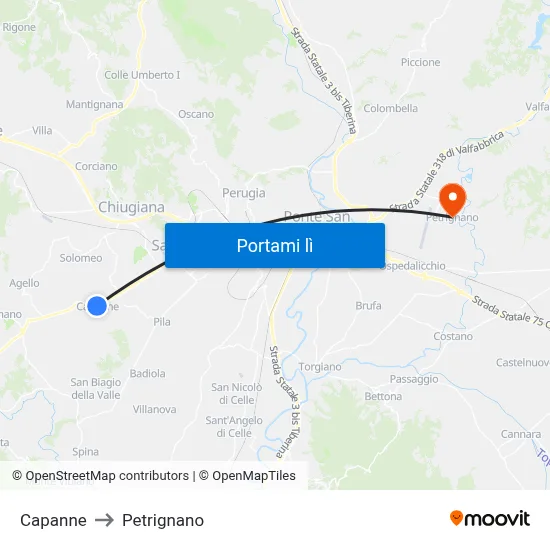 Capanne to Petrignano map