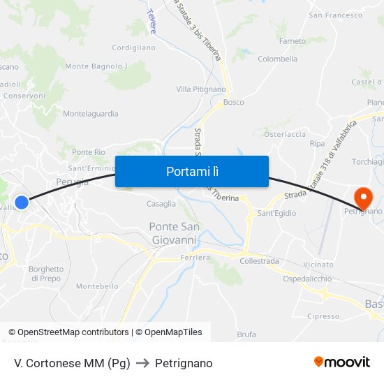 V. Cortonese M​M (Pg) to Petrignano map