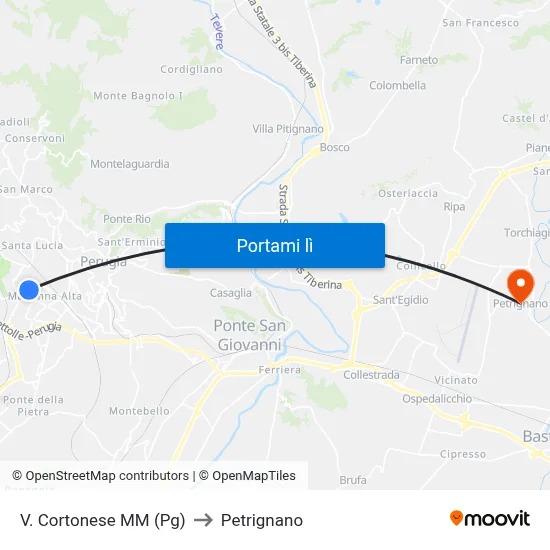 V. Cortonese M​M (Pg) to Petrignano map