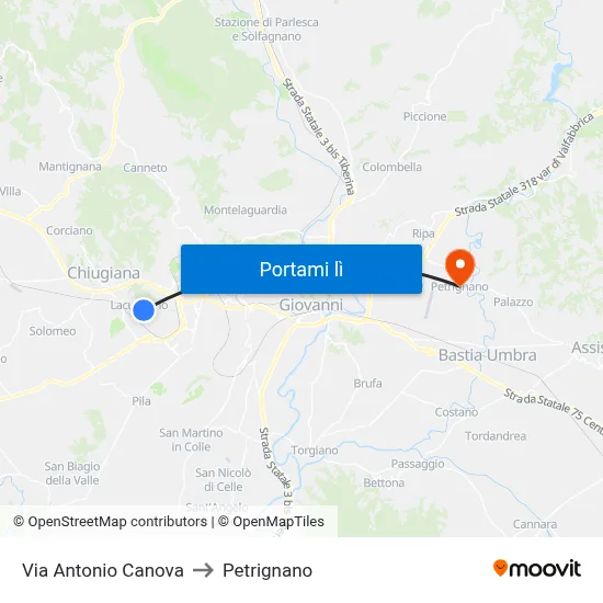Via Antonio Canova to Petrignano map