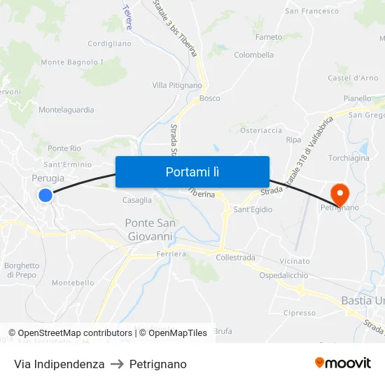Via Indipendenza to Petrignano map