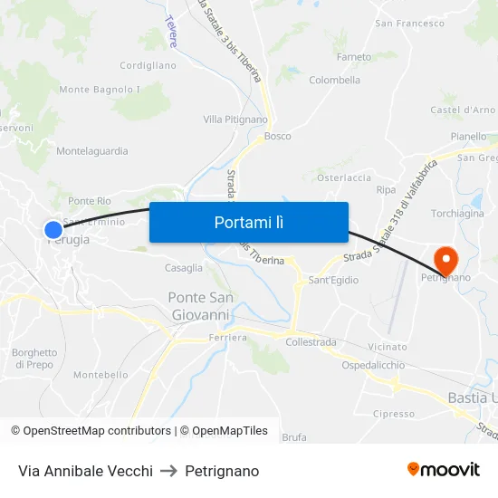 Via Annibale Vecchi to Petrignano map