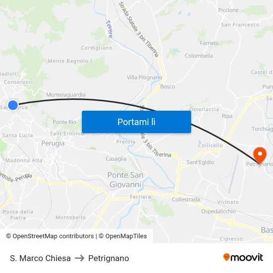 S. Marco Chiesa to Petrignano map