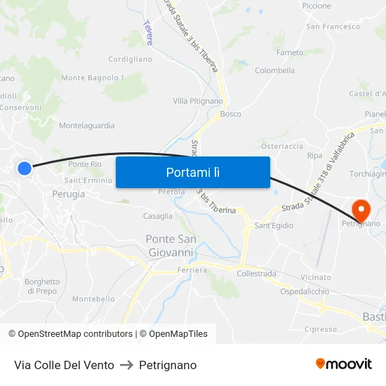 Via Colle Del Vento to Petrignano map