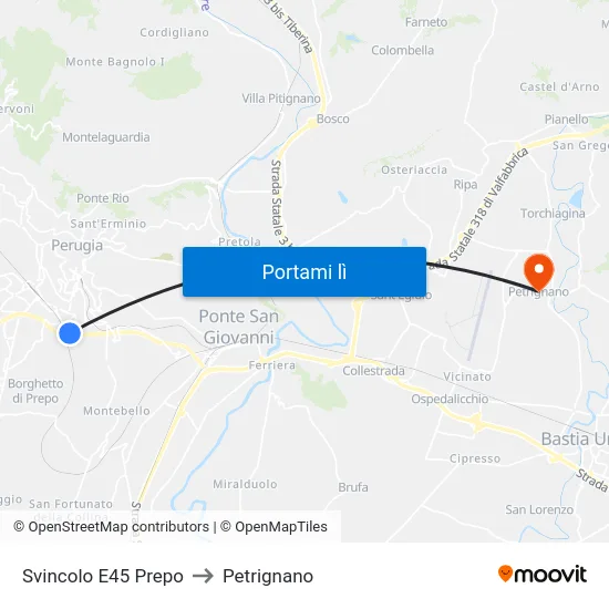 Svincolo E45 Prepo to Petrignano map