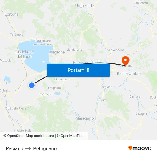 Paciano to Petrignano map