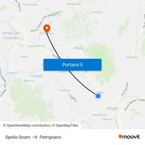 Spello-Snam to Petrignano map