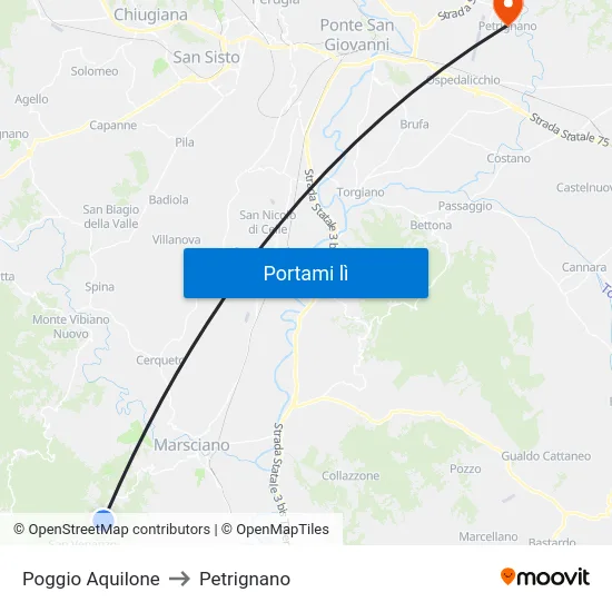 Poggio Aquilone to Petrignano map