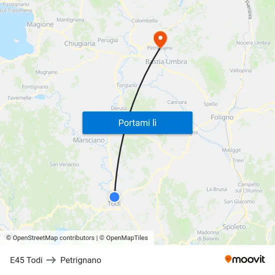 E45 Todi to Petrignano map