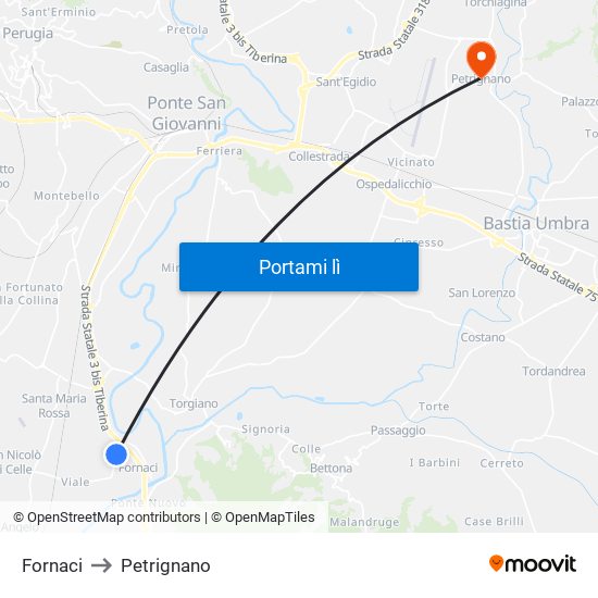 Fornaci to Petrignano map