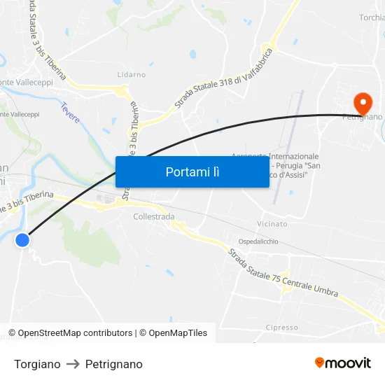 Torgiano to Petrignano map