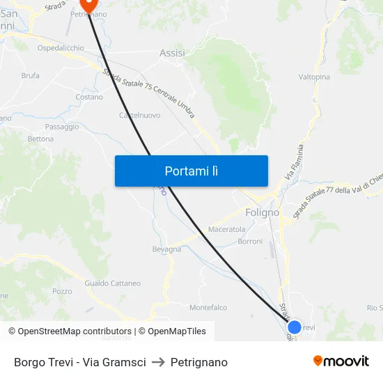 Borgo Trevi - Via Gramsci to Petrignano map