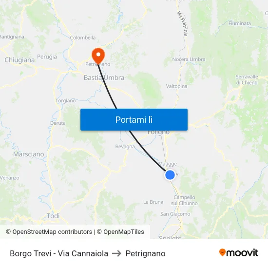 Borgo Trevi - Via Cannaiola to Petrignano map