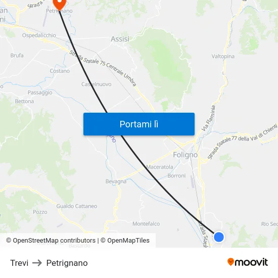 Trevi to Petrignano map