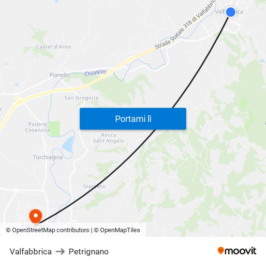 Valfabbrica to Petrignano map