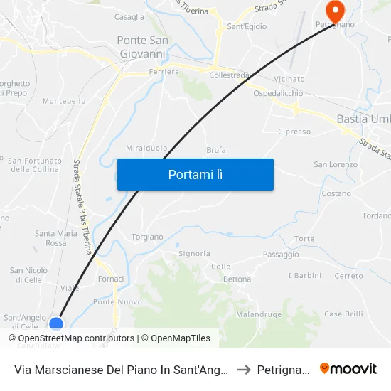 Via Marscianese Del Piano In Sant'Angelo to Petrignano map