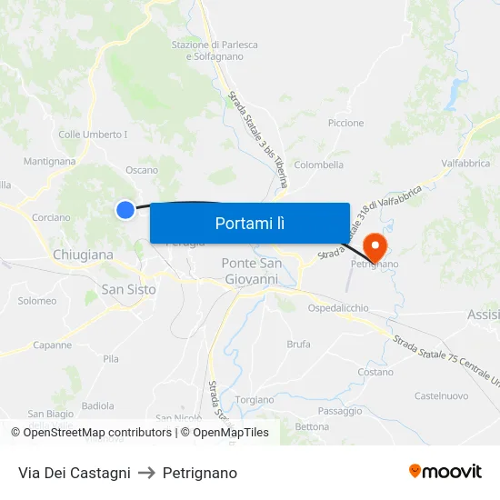 Via Dei Castagni to Petrignano map