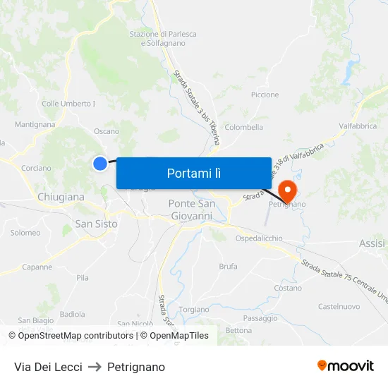 Via Dei Lecci to Petrignano map