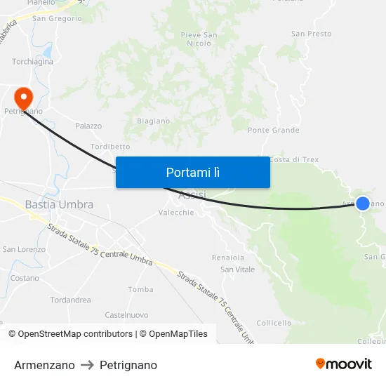 Armenzano to Petrignano map