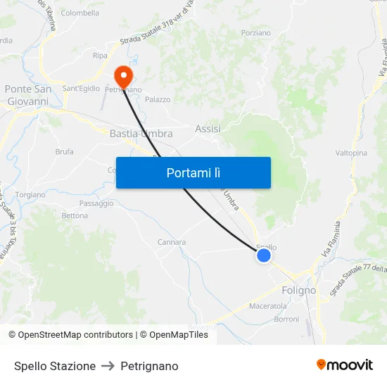 Spello Stazione to Petrignano map