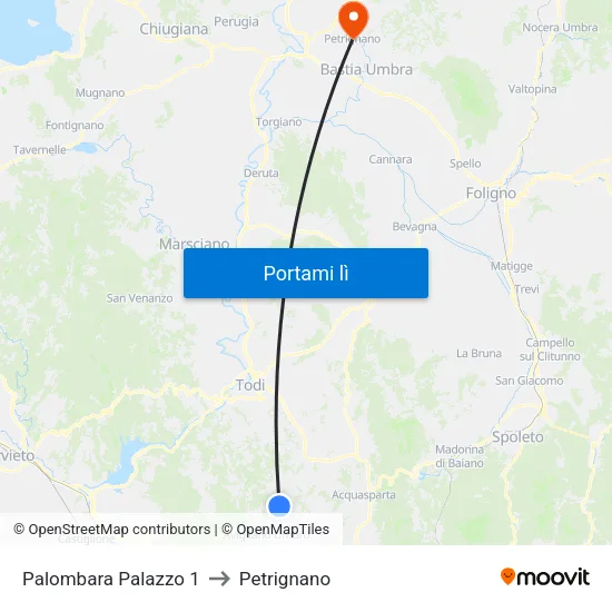 Palombara Palazzo 1 to Petrignano map