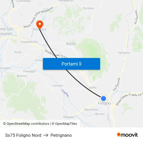 Ss75 Foligno Nord to Petrignano map