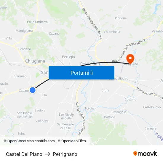 Castel Del Piano to Petrignano map