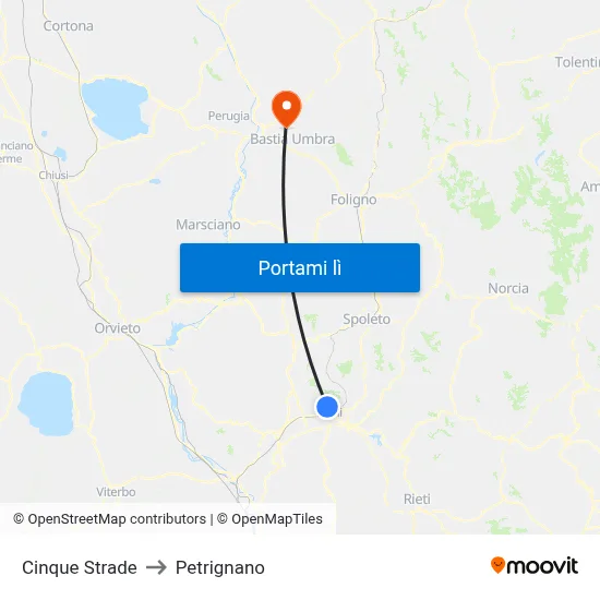 Cinque Strade to Petrignano map