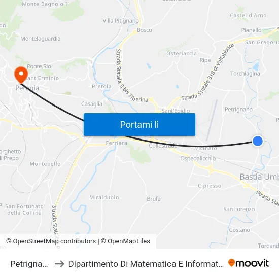 Petrignano to Dipartimento Di Matematica E Informatica map