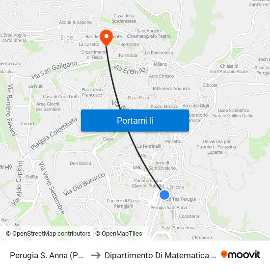 Perugia S. Anna (Parcheggio) to Dipartimento Di Matematica E Informatica map